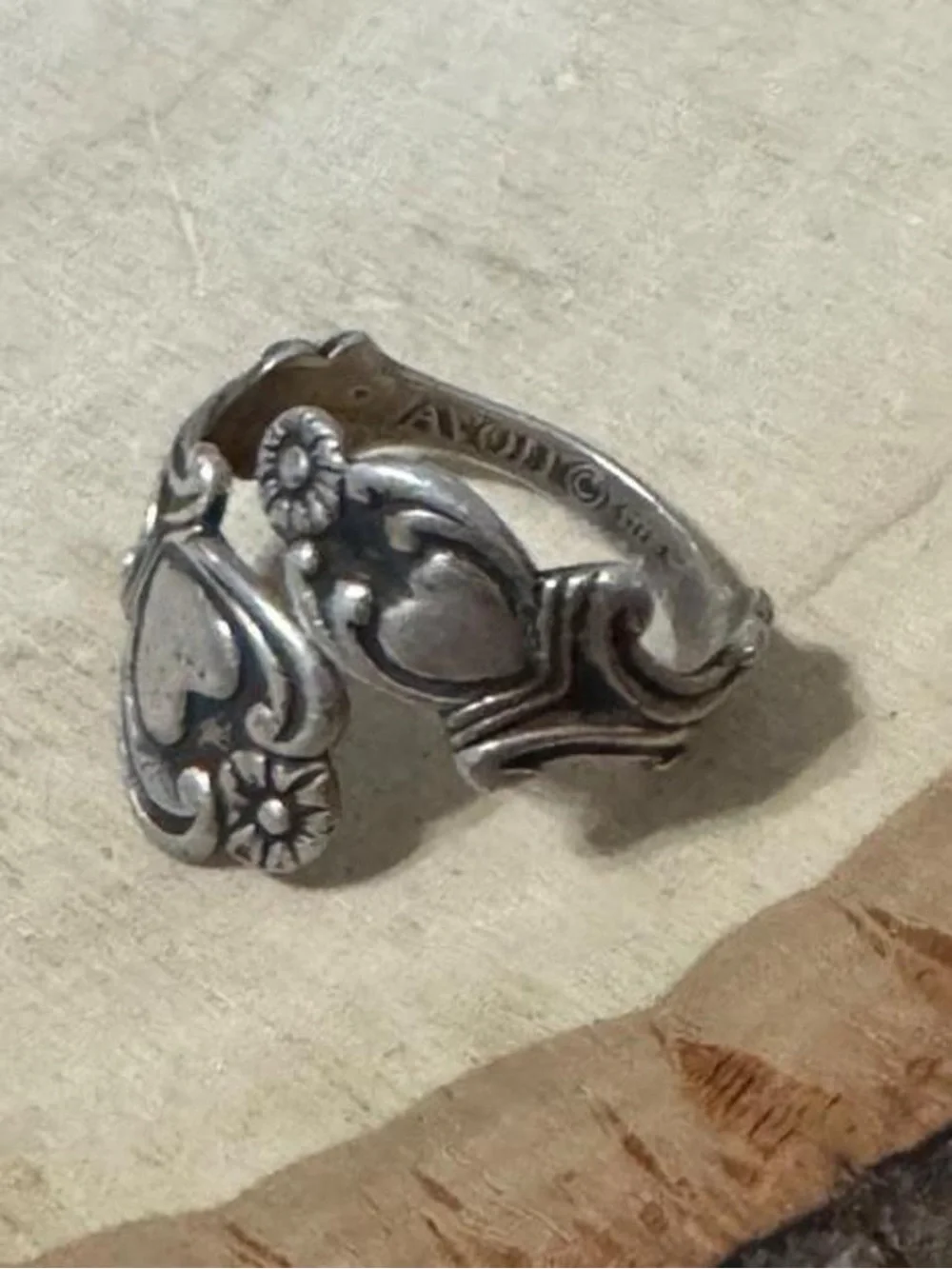 Vintage Avon Treasured Heart Spoon Ring 925 Sterling Silver adjustable Sz 7 to 8